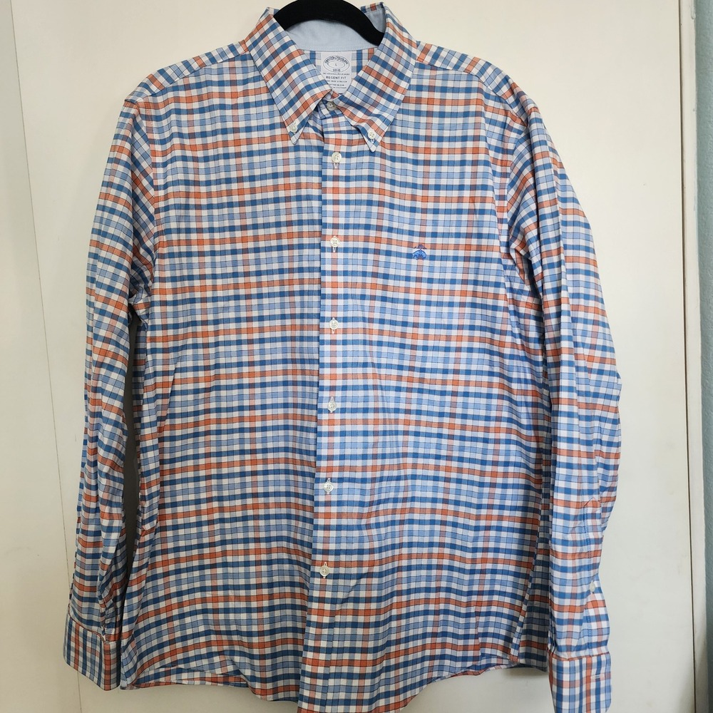 Brooks Brothers Regent Fit Shirt Mens L Blue Orange Plaid Excellent Non-Iron L/S